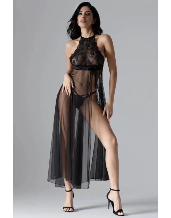 Siyah Dantelli Tül Gecelik - M075