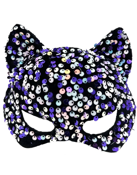 Siyah Kadife Kumaş Üzerine Mor Beyaz Payetli Pullu Parti Maskesi 16x14 Cm