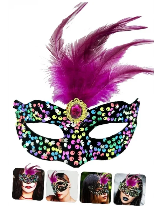 Siyah Kadife Üzeri Rengarenk Payetli Pullu Pembe Tüylü Pembe Taşlı Parti Maskesi 19x21 Cm