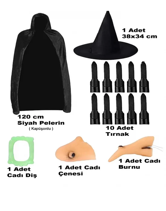 Siyah Kapüşonlu Pelerin 120 Cm Tırnaklar Diş Çene Burun Ve Şapka Seti