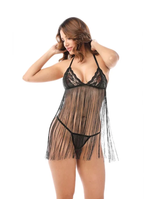 Siyah Püsküllü Dantel Gecelik - 225