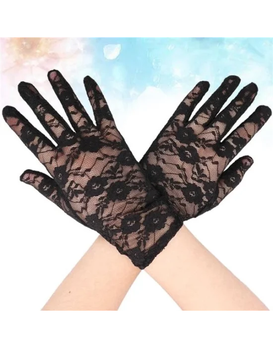 Siyah Renk Bilek Boyu Dantel Eldiven Yetişkin Boy