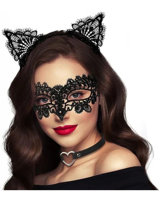Siyah Renk Dantel Maske Ve Dantel Kulak Taç Seti Yetişkin No 10