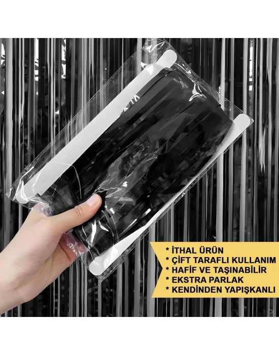 Siyah Renk Ekstra Metalize Parlak Saçaklı Arka Fon Perde İthal A Kalite 1x2 Metre