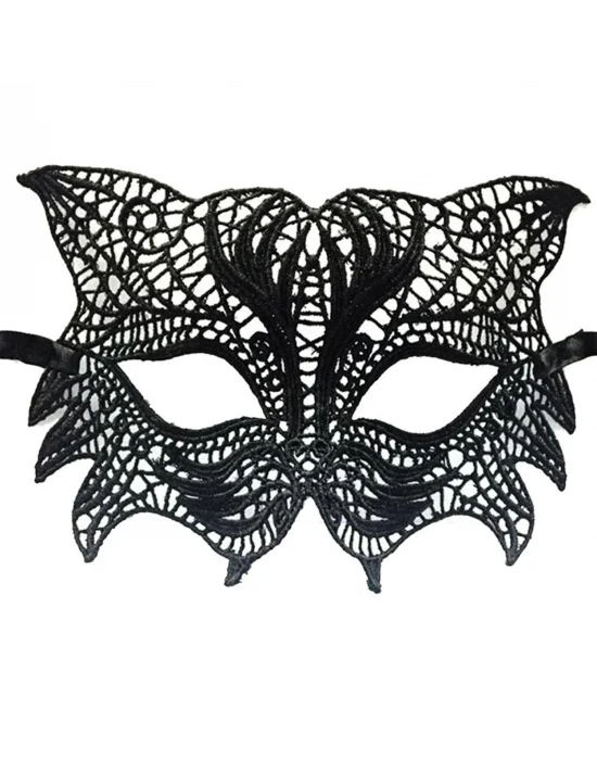 Siyah Renk Kedi Model Dantel İşleme Parti Maskesi 8 No