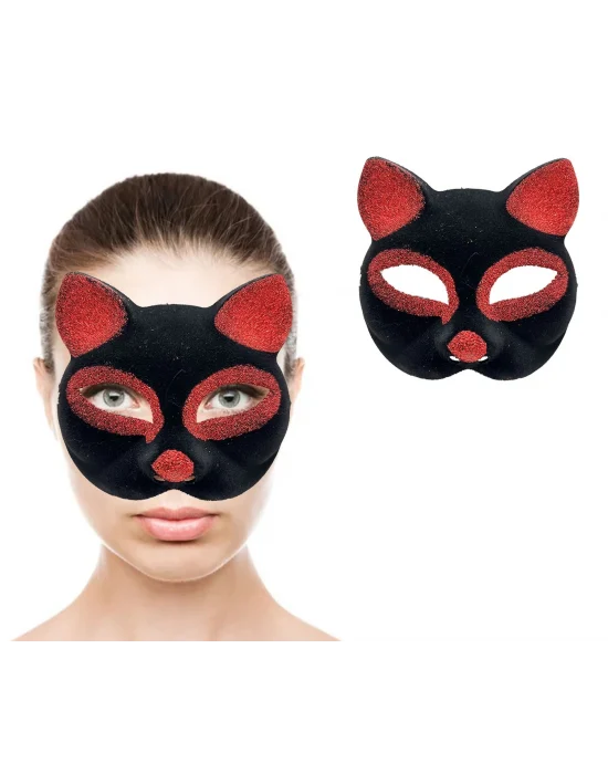 Siyah Renk Kırmızı Simli Süet Kaplama Kedi Maskesi 18x14 Cm