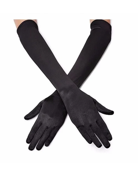 Siyah Renk Likralı Dirseğe Kadar Uzun Kumaş Eldiven 40 Cm