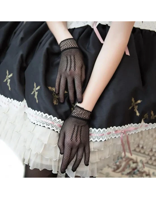 Siyah Renk Likralı File Eldiven Parmaklı Örgü Eldiven Yetişkin Boy