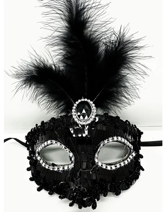 Siyah Renk Payetli Pullu Tüylü Parti Maskesi 17x20 Cm