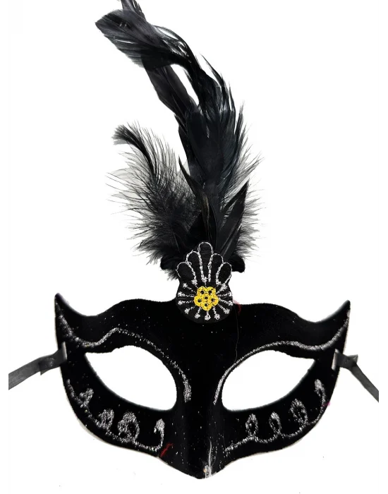 Siyah Renk Tüylü Siyah Süet Kaplama Parti Balo Maskesi 20x16 Cm