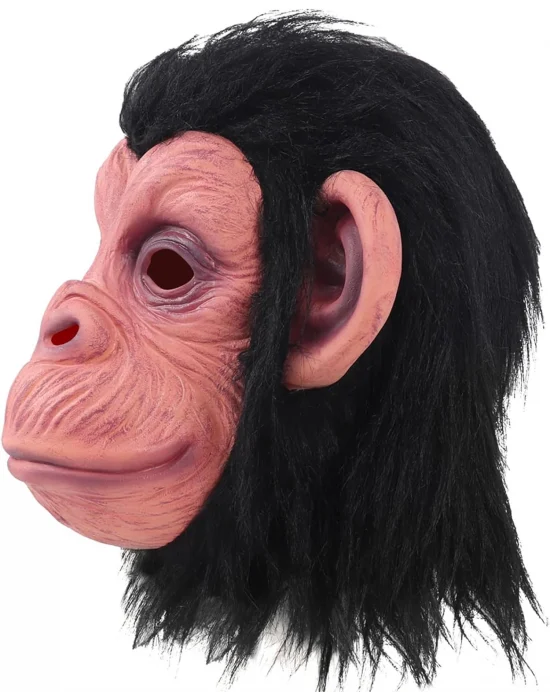 Siyah Saçlı Kafaya Tam Geçmeli Lateks Şempanze Maskesi - Lateks Maymun Orangutan Goril Maske Et Maske