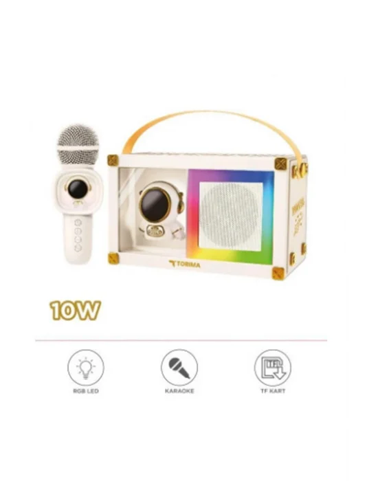 Taşınabilir Rgb Işılı Sevimli Figürlü Mikrofonlu Karaoke Bluetooth Hoparlör Krem