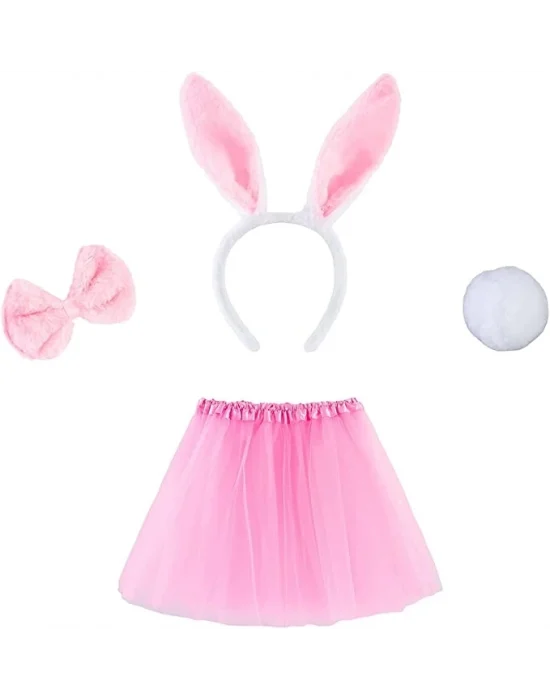Tavşan Tacı Eteği Papyonu Ve Kuyruk Kostüm  Seti Pembe Renk Çocuk Boy
