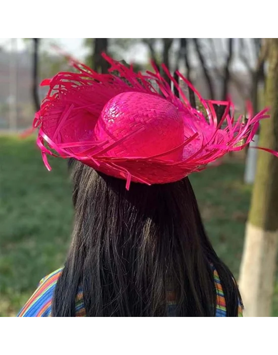 Tropikal Parti Pembe Fuşya Hasır Hawaii Şapkası 13x36 Cm