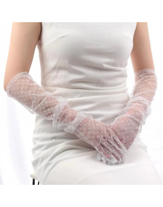 Uzun Boy Beyaz Puantiyeli Beyaz Renk Yetişkin Tül Eldiven 55 Cm