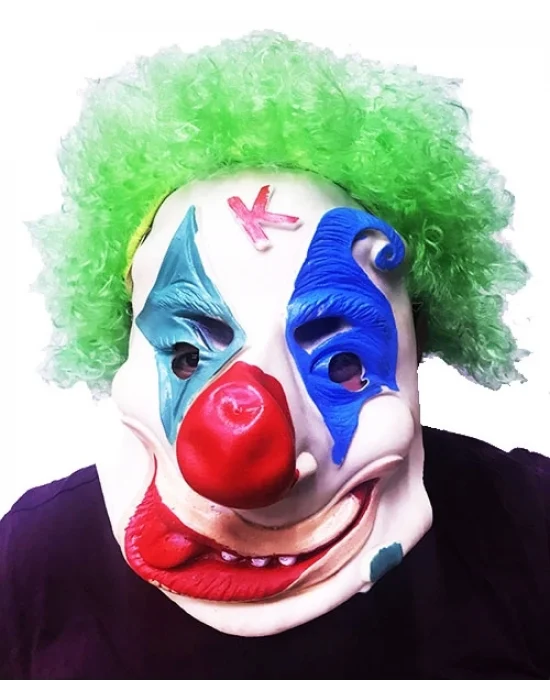 Yeşil Renk Afro Bonus Peruklu Palyaço Lateks Et Maske