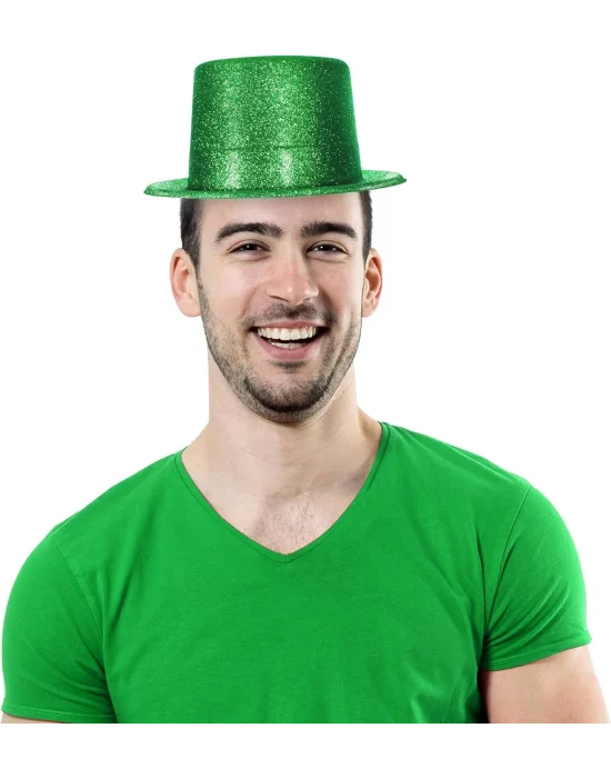 Yeşil Renk Parıltılı Simli Fötr Silindir Parti Şapkası