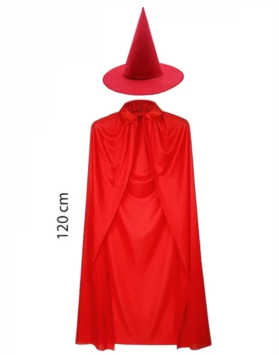 Yetişkin Boy 120 Cm Kırmızı Yakalı Pelerin Ve Kırmızı Cadı Şapkası