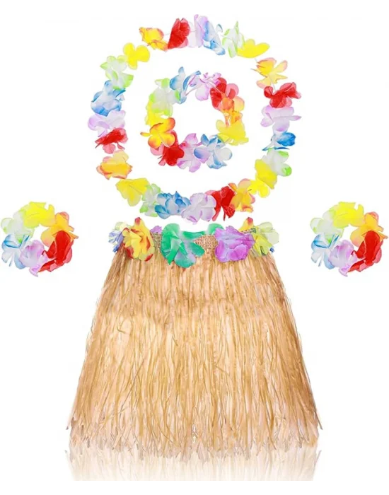 Yetişkin Çocuk Hawaii Parti Seti - 40 Cm Naturel Etek + Çiçek Aksesuarlar (5 Parça)