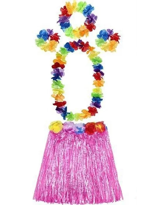Yetişkin Ve Çocuk Uyumlu Luau Aloha Hawaii Pembe Etek Ve Renkli Kolye Taç 2 Adet Bileklik Seti
