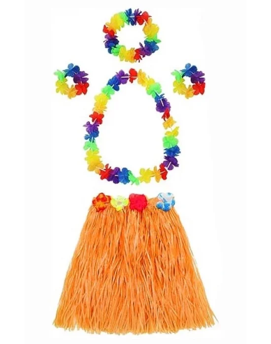 Yetişkin Ve Çocuk Uyumlu Luau Aloha Hawaii Turuncu Etek Ve Renkli Kolye Taç 2 Adet Bileklik Seti