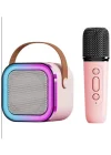 Karaoke Kablosuz Hoparlör Mikrofonlu Rgb Işıklı Bluetooth Speaker Tf Kart/usb Pembe