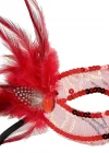 Kırmızı Renk Yandan Tüylü Pul Payet İşlemeli Parti Maskesi 23x12 Cm