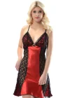 Kırmızı Siyah Dantelli Saten Gecelik - M-373