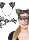 Siyah Renk Dantel Maske Ve Dantel Kulak Taç Seti Yetişkin No 13