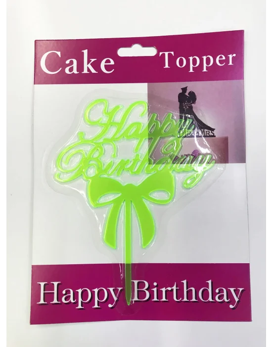 Happy Birthday Yazılı Fiyonklu Pasta Kek Çubuğu Yeşil Renk
