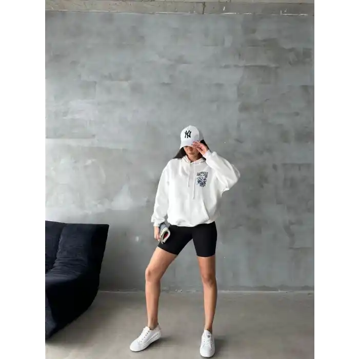 3 iplik şardonlu oversize compact kafa baskılı sweat beyaz