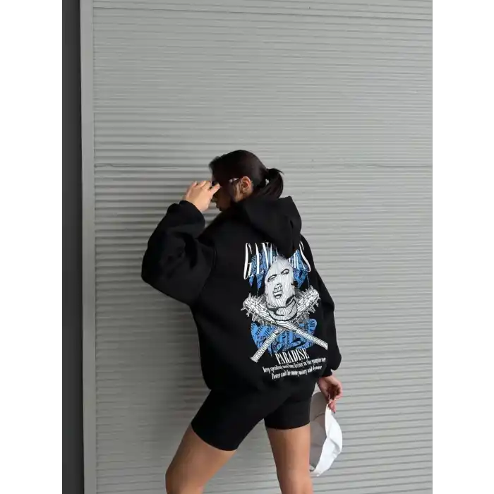 3 iplik şardonlu oversize compact kafa baskılı sweat siyah