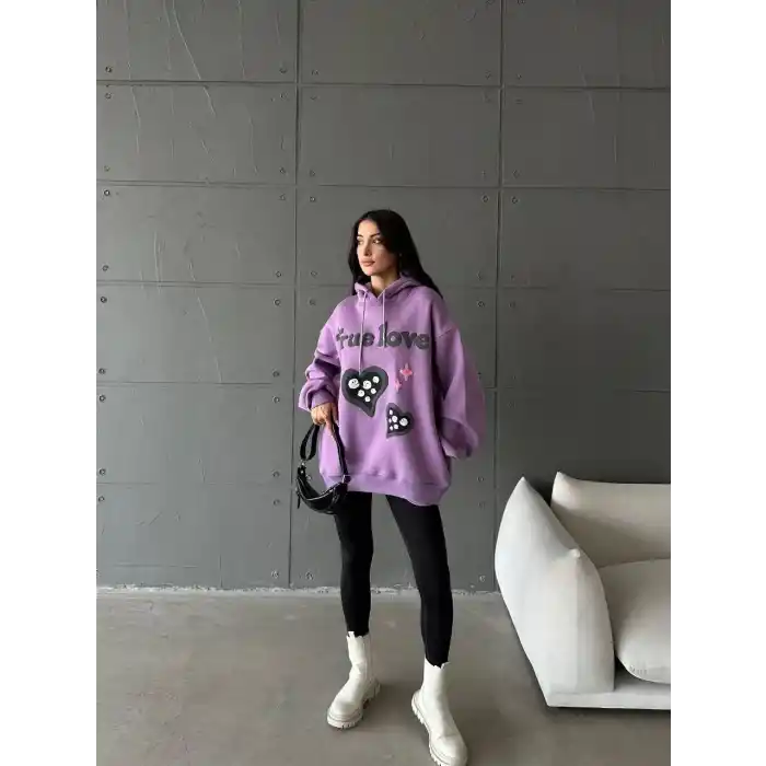 3 iplik şardonlu oversize compact true baskılı sweat mor