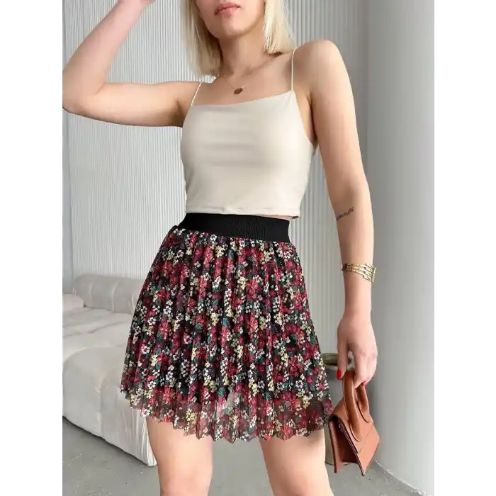 Baskılı astarlı mini etek