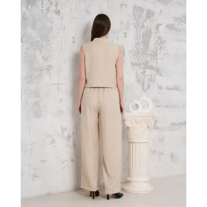 Broşlu yelek pantolon takım bej s255821