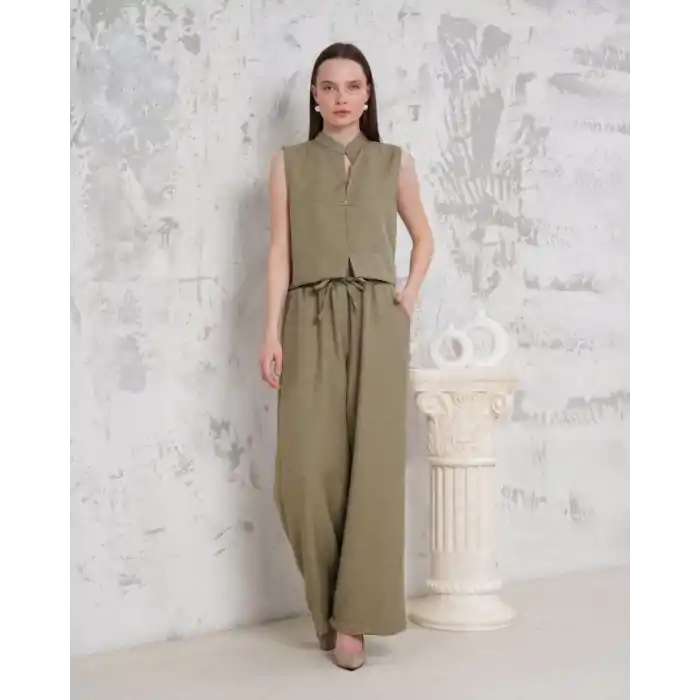 Broşlu yelek pantolon takım haki s255821