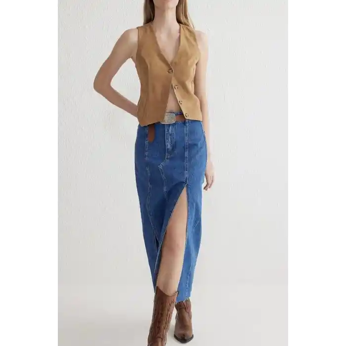 Çift yırtmaçlı jean etek s140