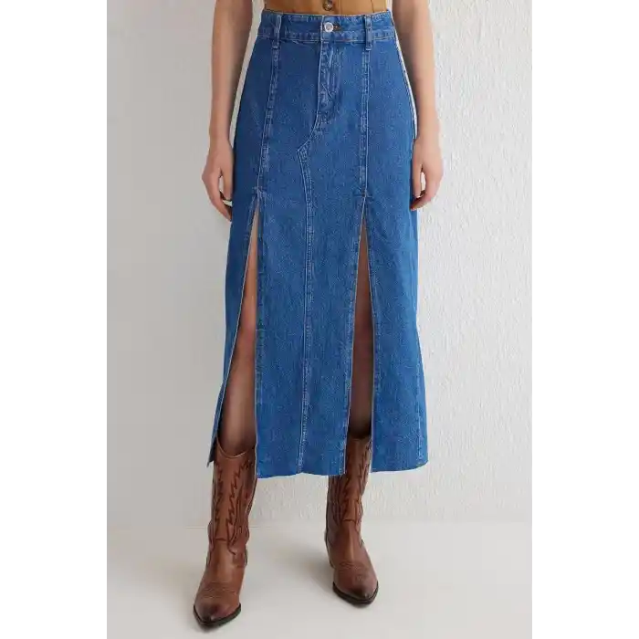 Çift yırtmaçlı jean etek s140