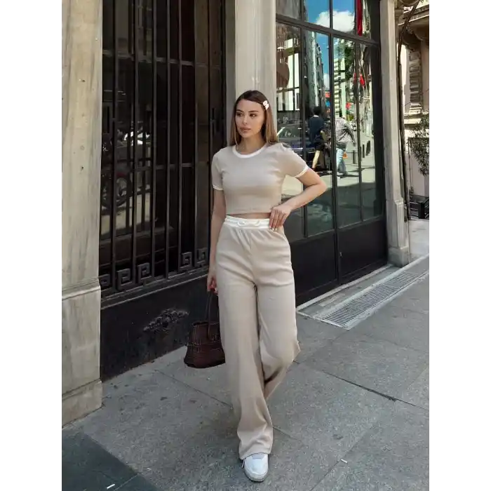 Crop pantolon biyeli takım bej