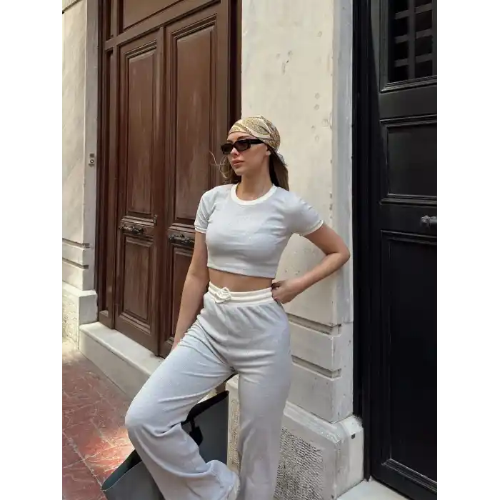 Crop pantolon biyeli takım gri