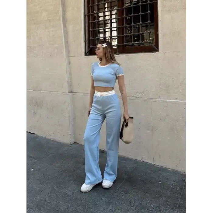 Crop pantolon biyeli takım mavi