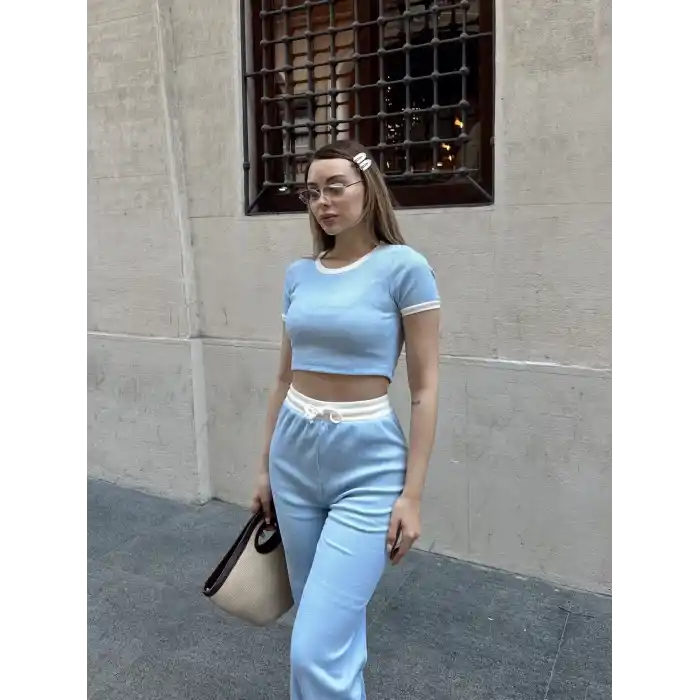 Crop pantolon biyeli takım mavi