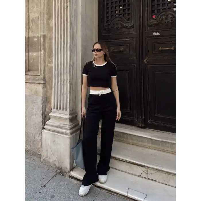 Crop pantolon biyeli takım siyah