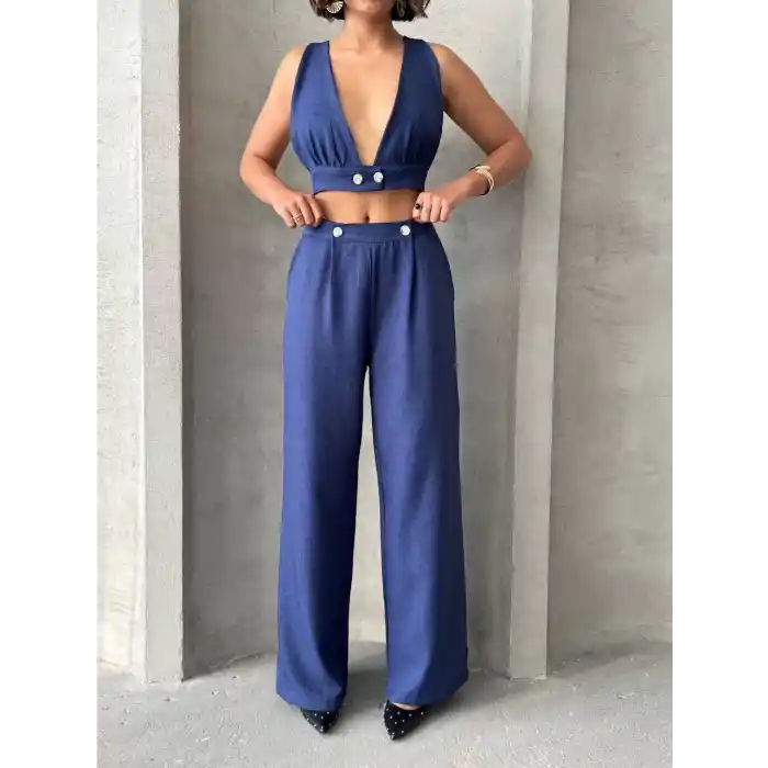 Crop pantolon keten takım s255012