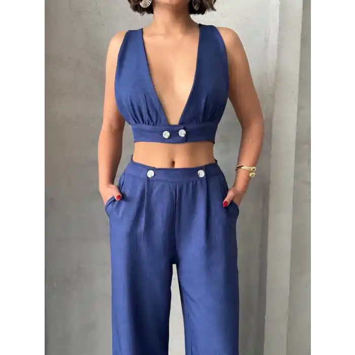 Crop pantolon keten takım s255012