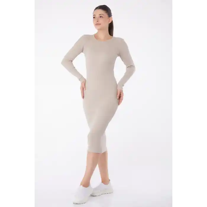 Düz Bisiklet Yaka Kadın Midi Elbise