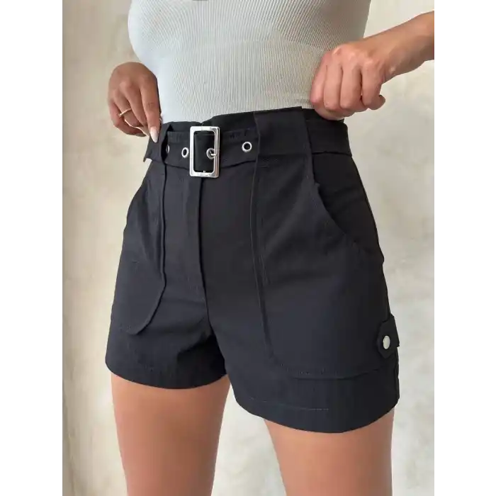 Kemer detaylı gabardin şort siyah s25289