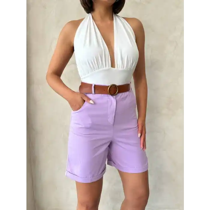 Kemerli gabardin şort lila s25735