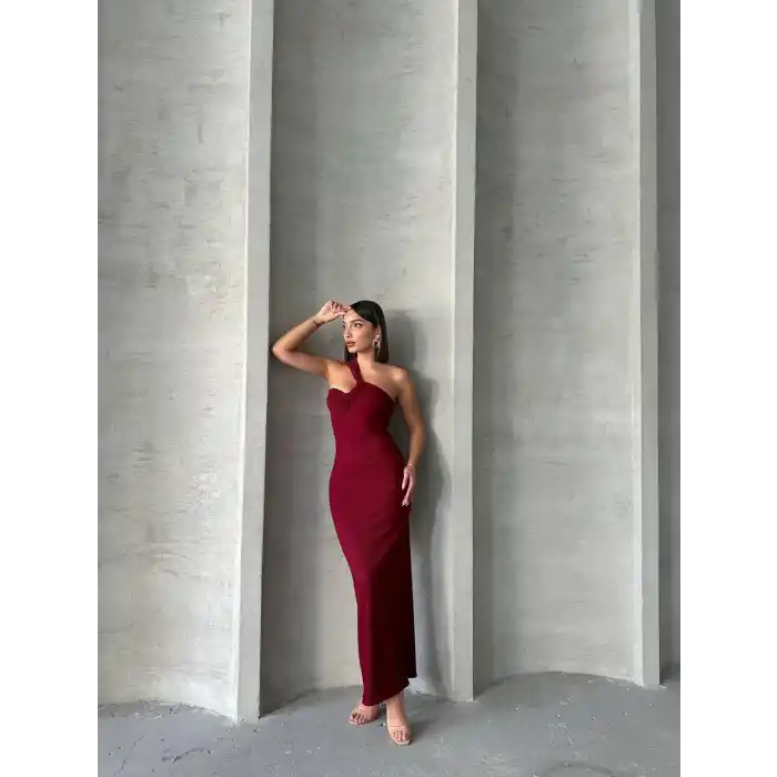 Krinkıl tek omuz uzun elbise bordo s25455