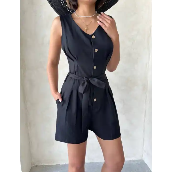 Kuşaklı şortlu tulum
